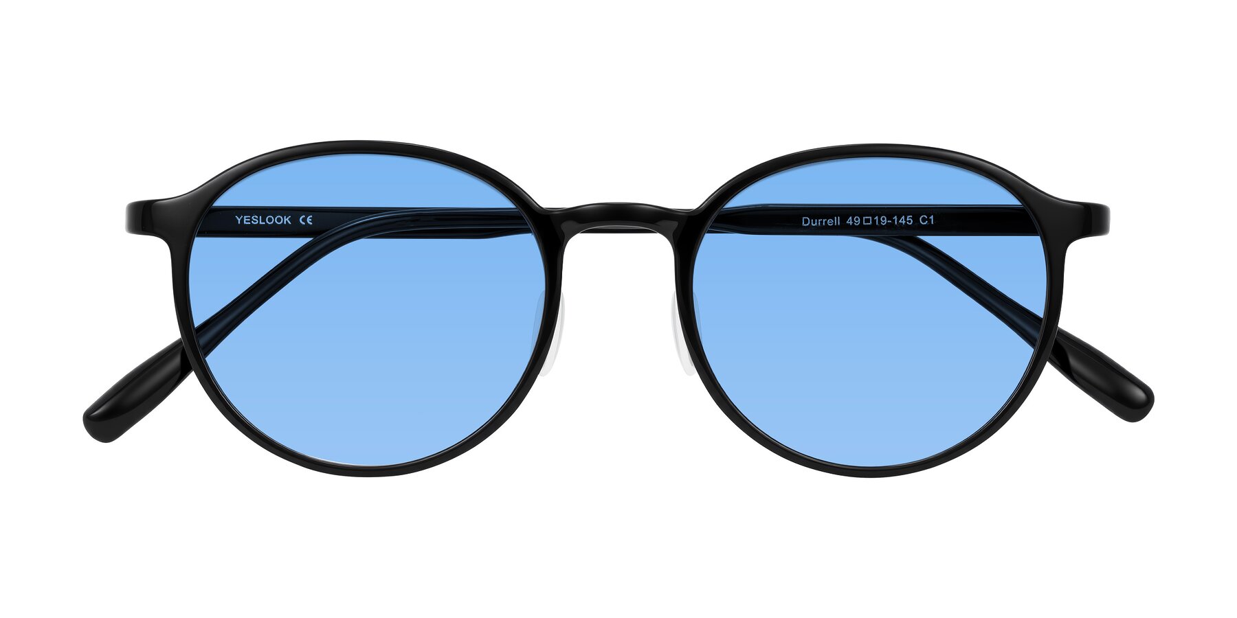 Folded Front of Durrell in Black with Medium Blue Tinted Lenses