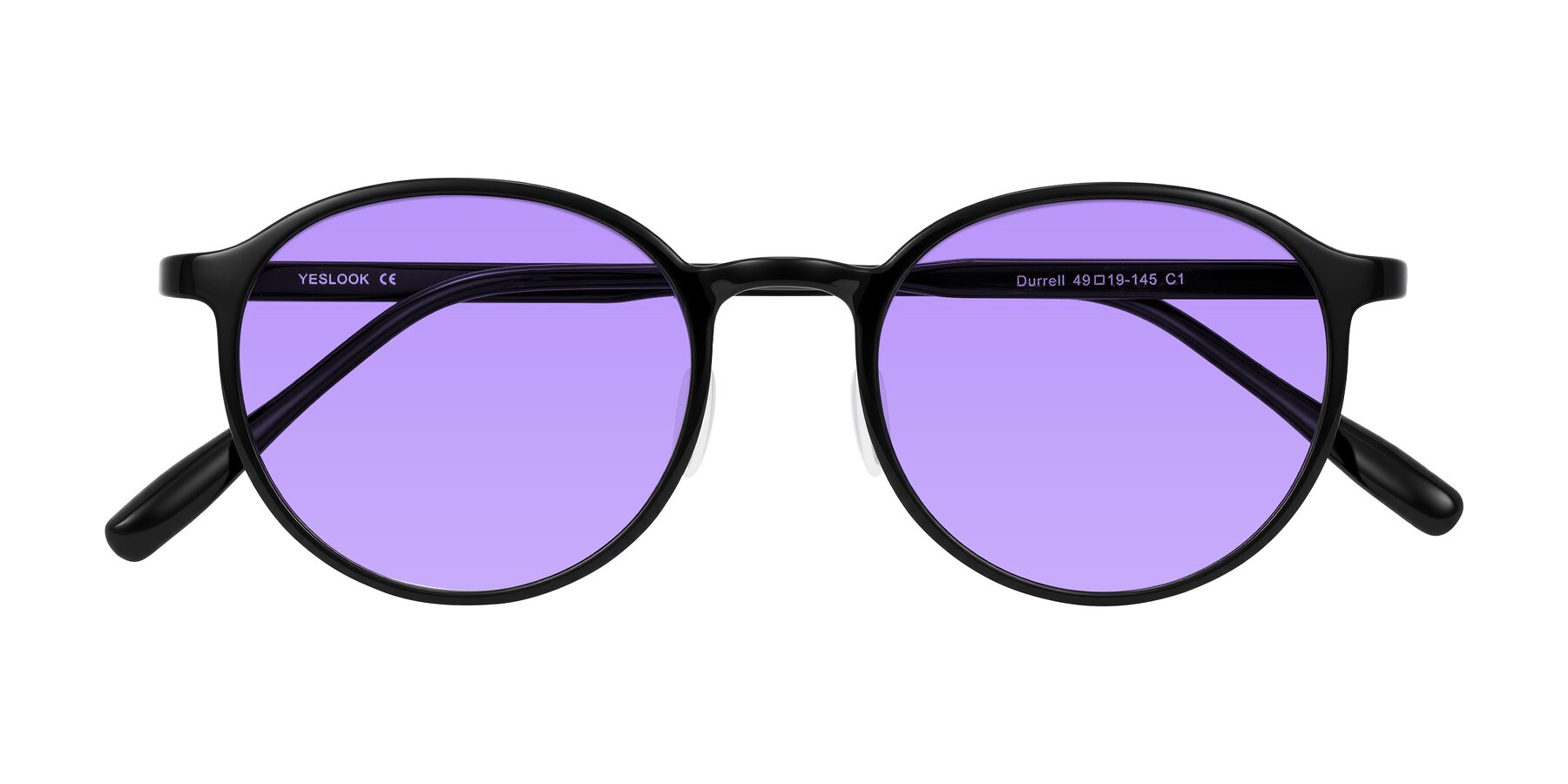 Folded Front of Durrell in Black with Medium Purple Tinted Lenses