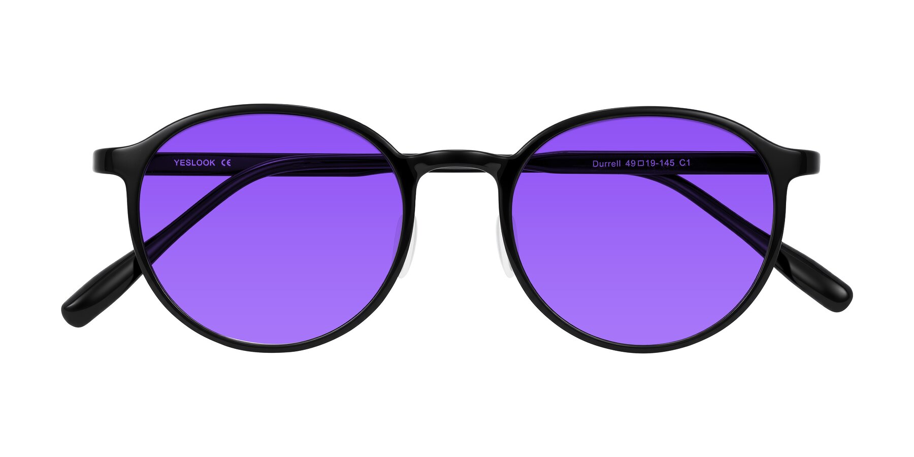 Folded Front of Durrell in Black with Purple Tinted Lenses