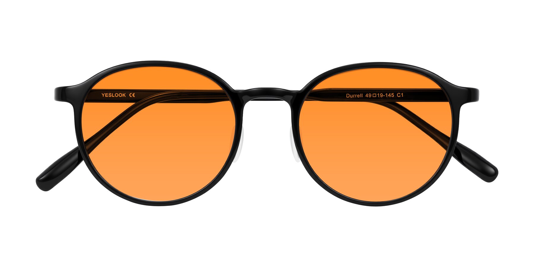 Folded Front of Durrell in Black with Orange Tinted Lenses