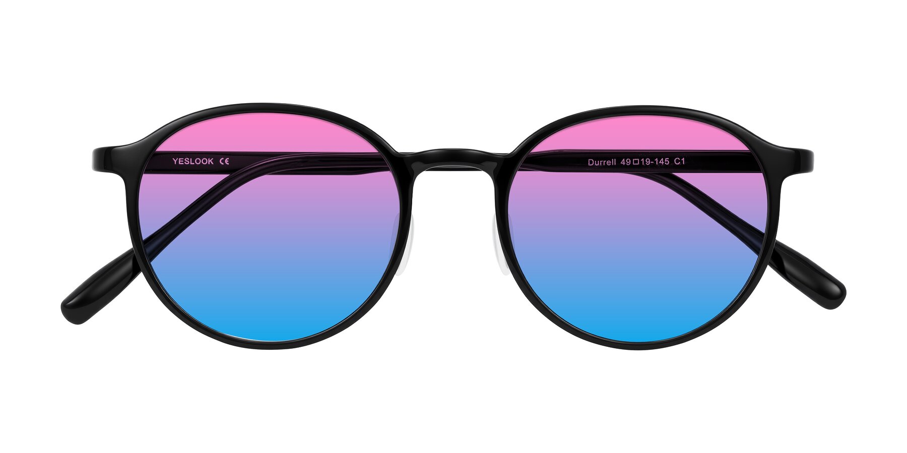 Folded Front of Durrell in Black with Pink / Blue Gradient Lenses