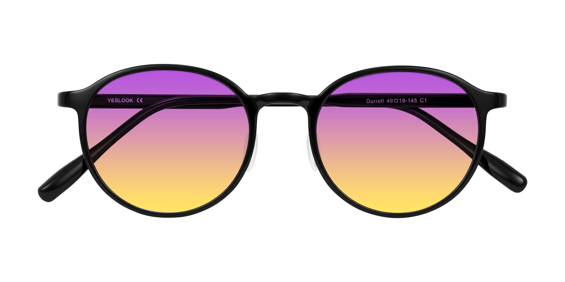 Folded Front of Durrell in Black with Purple / Yellow Gradient Lenses