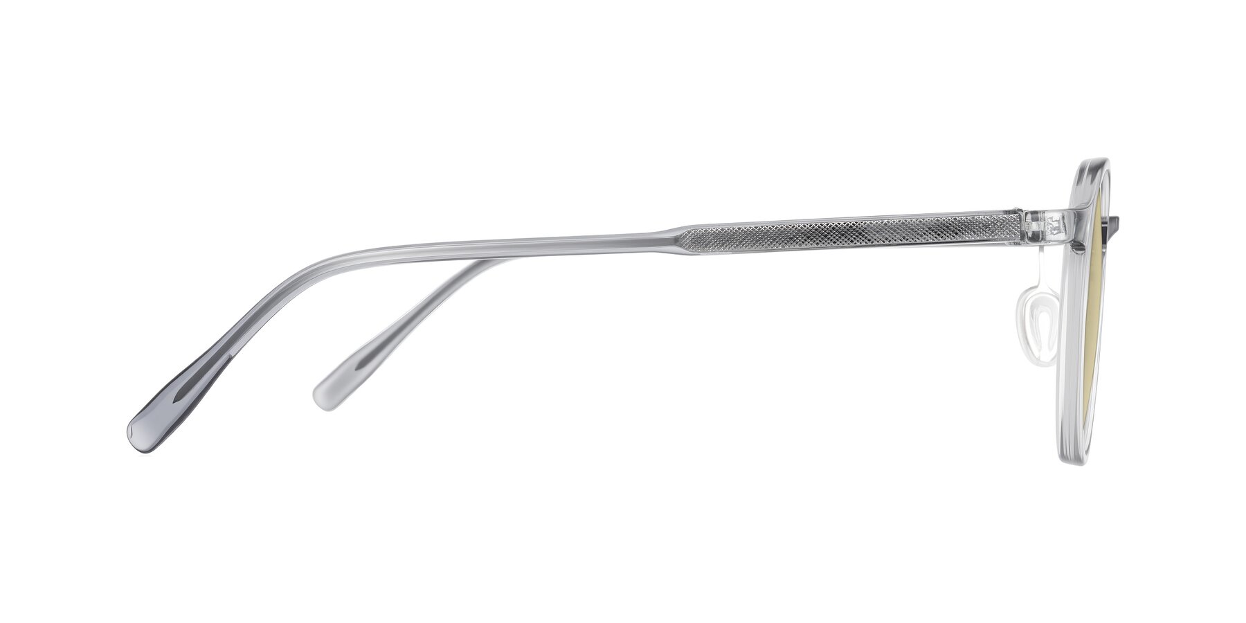 Side of Durrell in Translucent Smoky Blue with Light Champagne Tinted Lenses