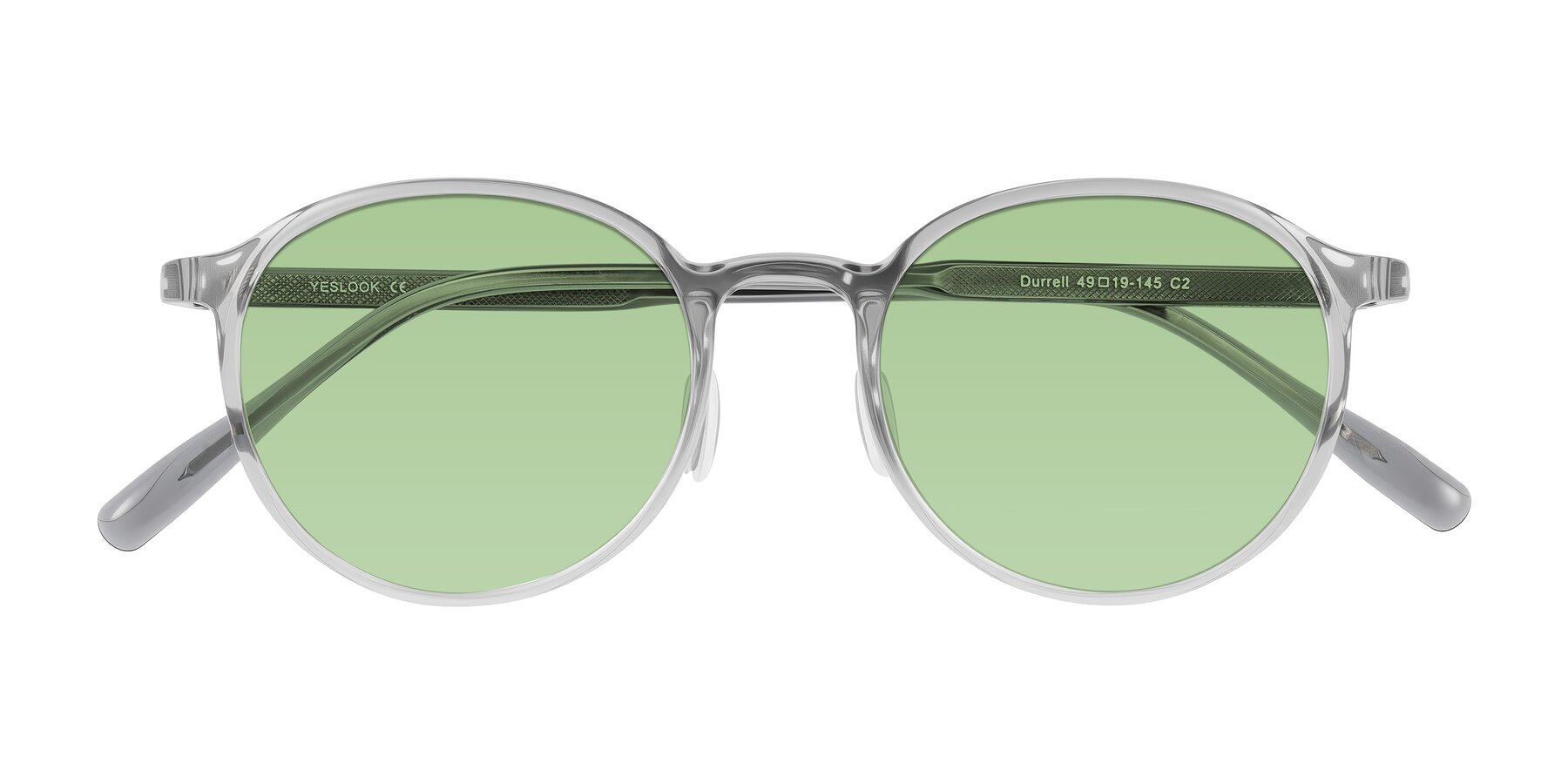 Folded Front of Durrell in Translucent Smoky Blue with Medium Green Tinted Lenses