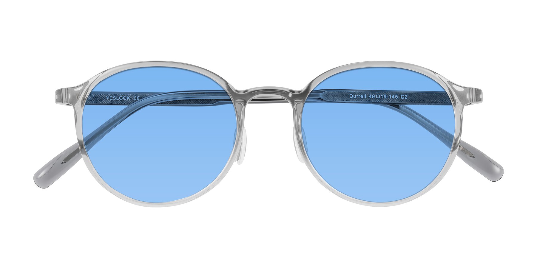 Folded Front of Durrell in Translucent Smoky Blue with Medium Blue Tinted Lenses