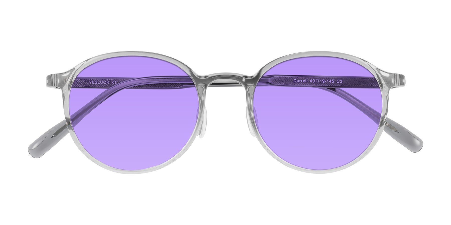 Folded Front of Durrell in Translucent Smoky Blue with Medium Purple Tinted Lenses