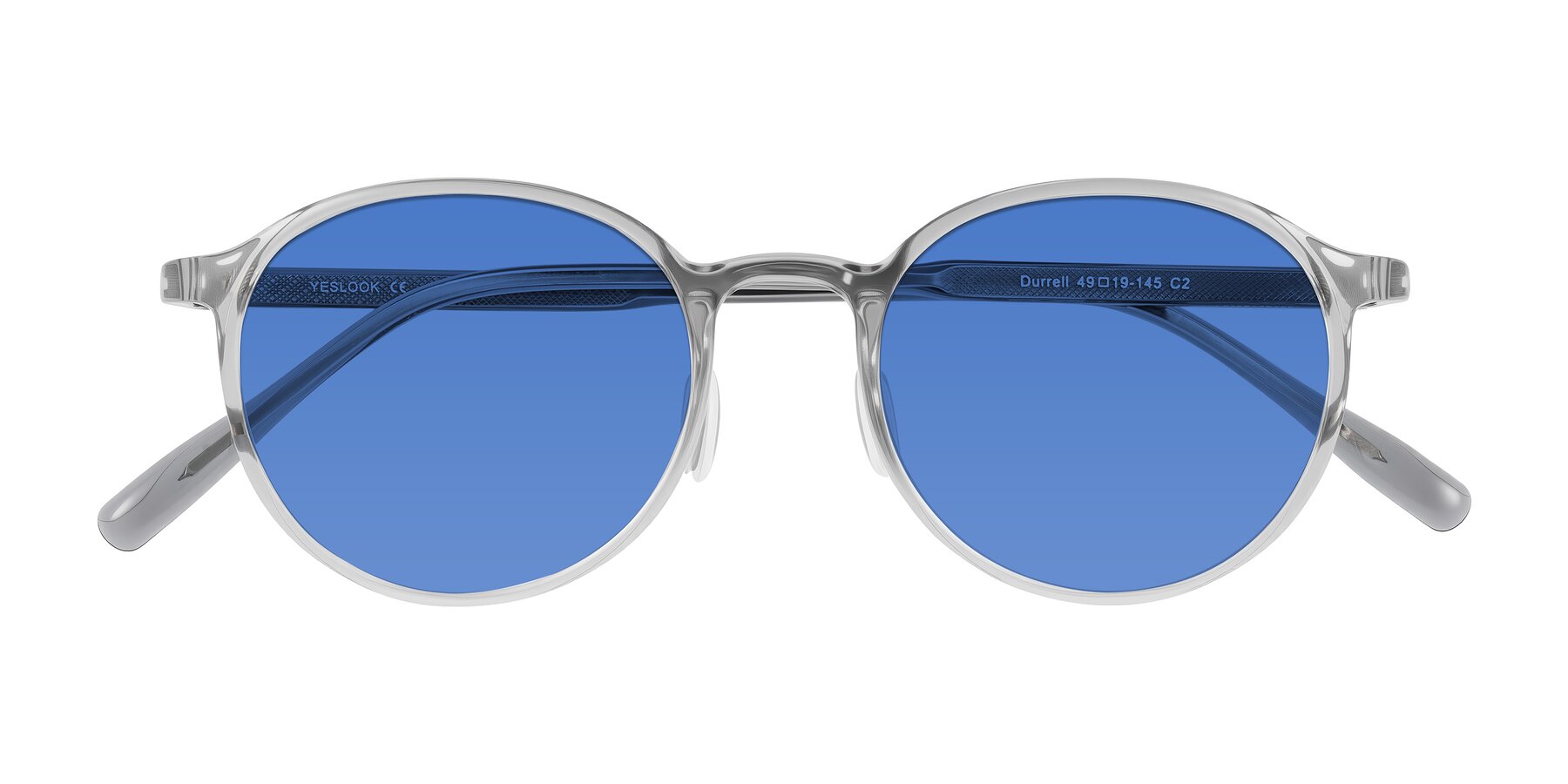 Folded Front of Durrell in Translucent Smoky Blue with Blue Tinted Lenses