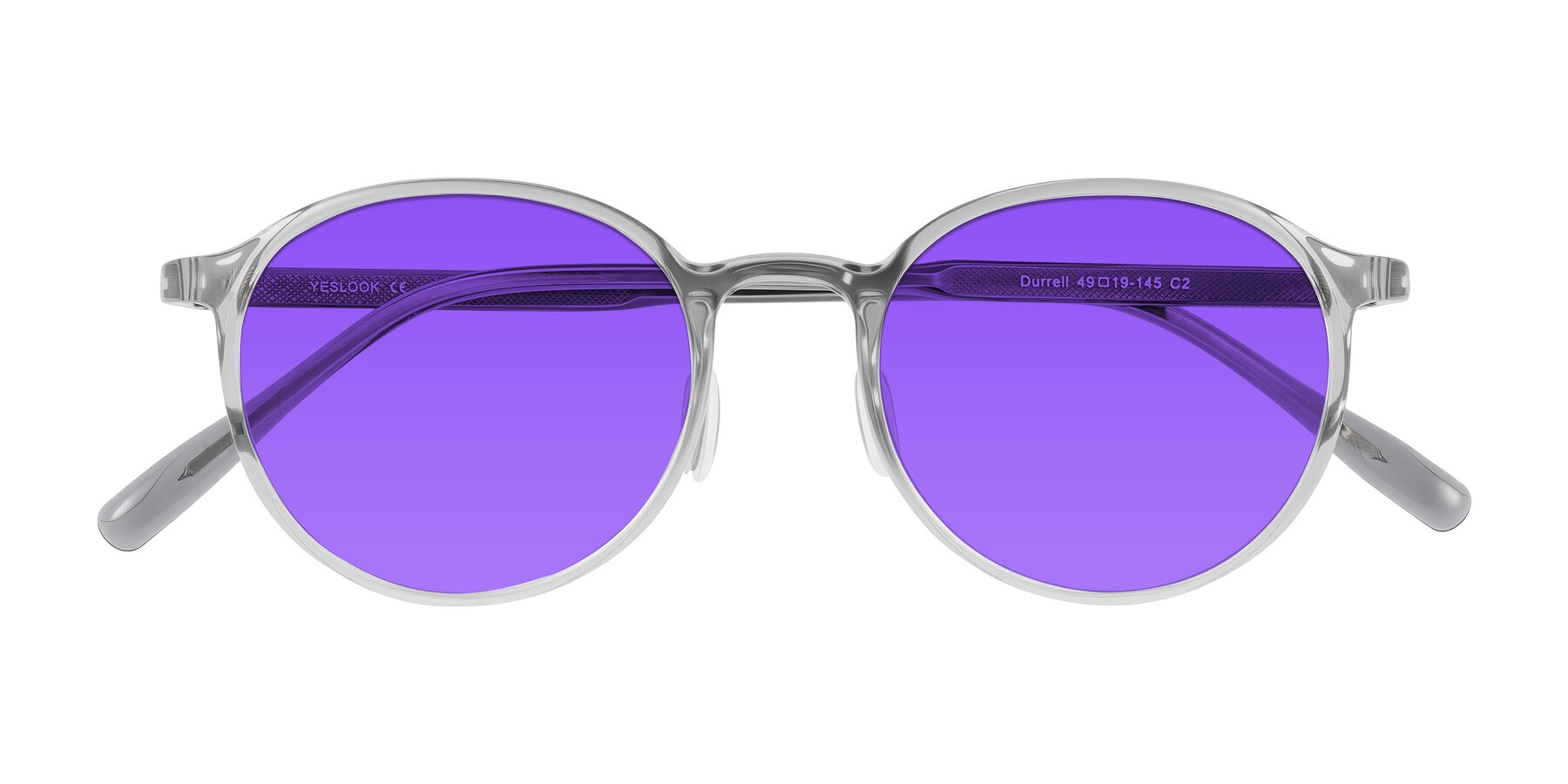 Folded Front of Durrell in Translucent Smoky Blue with Purple Tinted Lenses