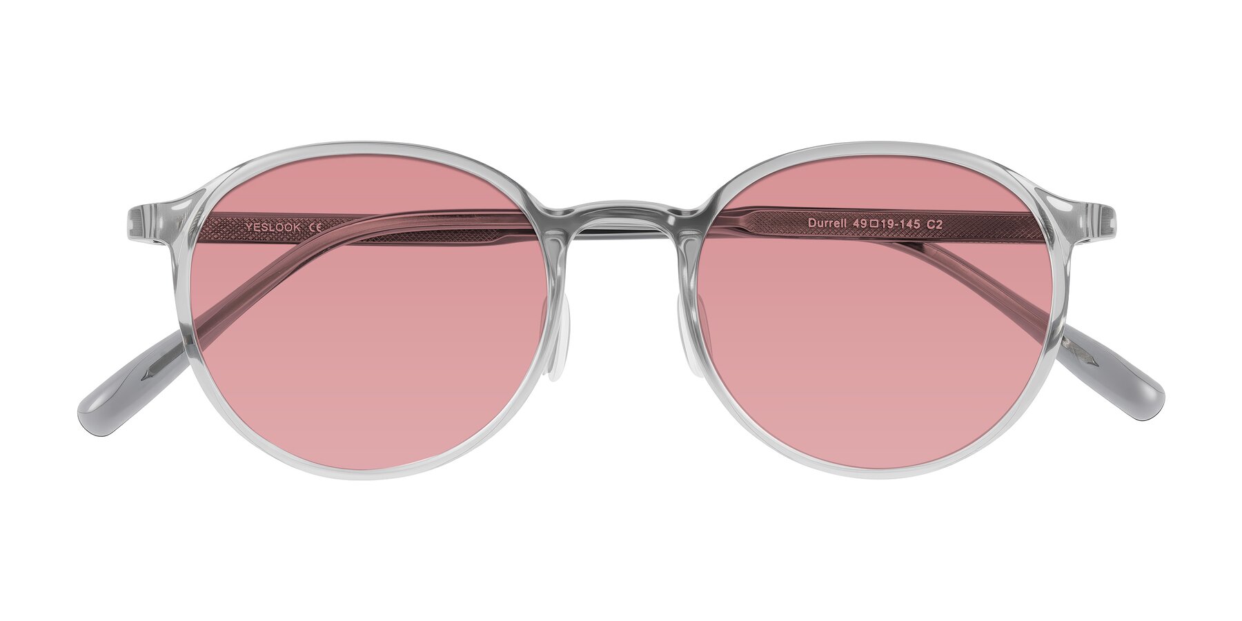 Folded Front of Durrell in Translucent Smoky Blue with Medium Garnet Tinted Lenses