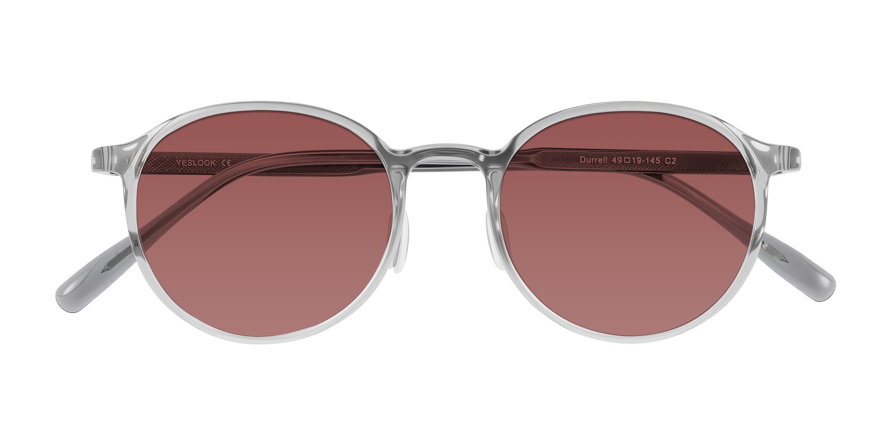 Folded Front of Durrell in Translucent Smoky Blue with Garnet Tinted Lenses