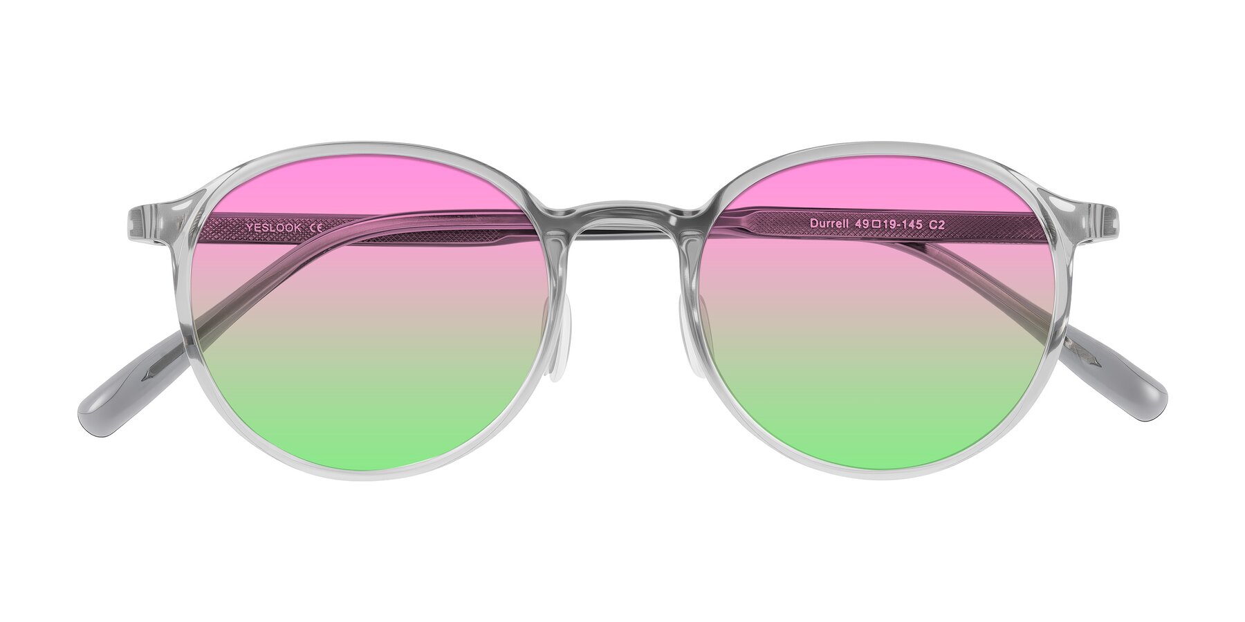Folded Front of Durrell in Translucent Smoky Blue with Pink / Green Gradient Lenses