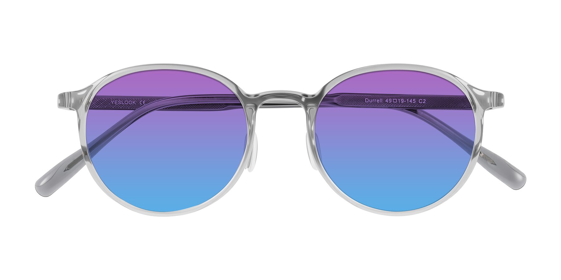 Folded Front of Durrell in Translucent Smoky Blue with Purple / Blue Gradient Lenses