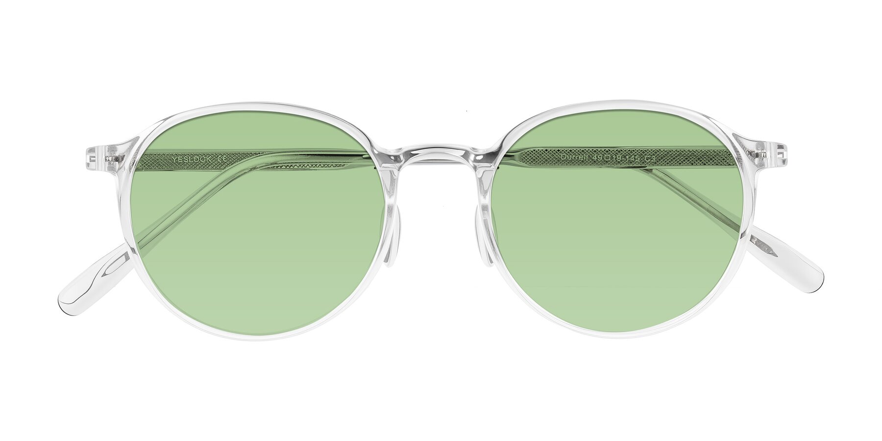 Folded Front of Durrell in Clear with Medium Green Tinted Lenses