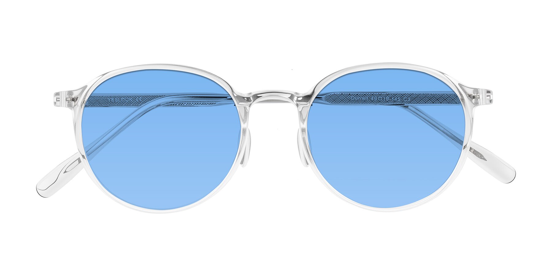 Folded Front of Durrell in Clear with Medium Blue Tinted Lenses