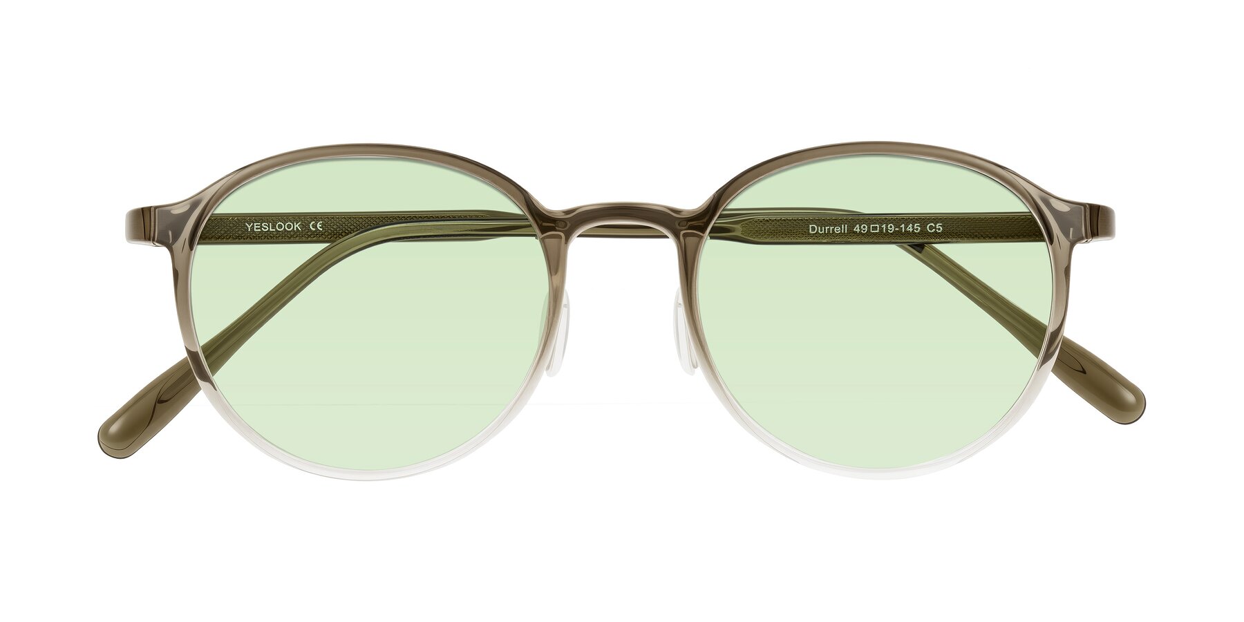 Folded Front of Durrell in Brown/Clear with Light Green Tinted Lenses