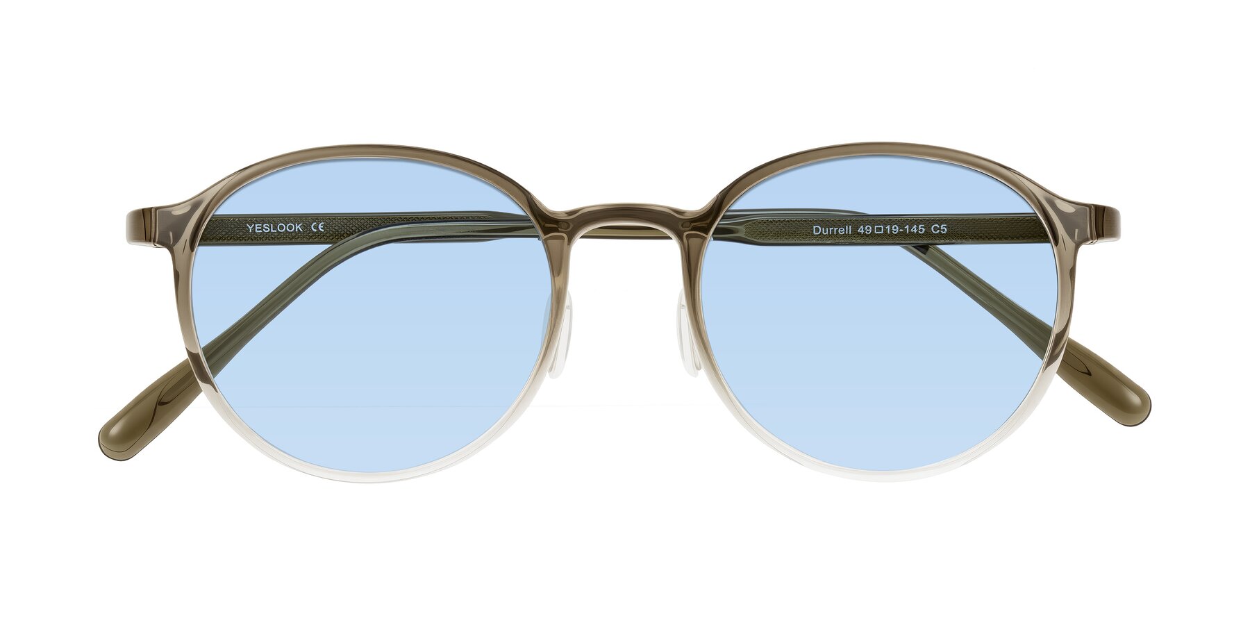Folded Front of Durrell in Brown/Clear with Light Blue Tinted Lenses