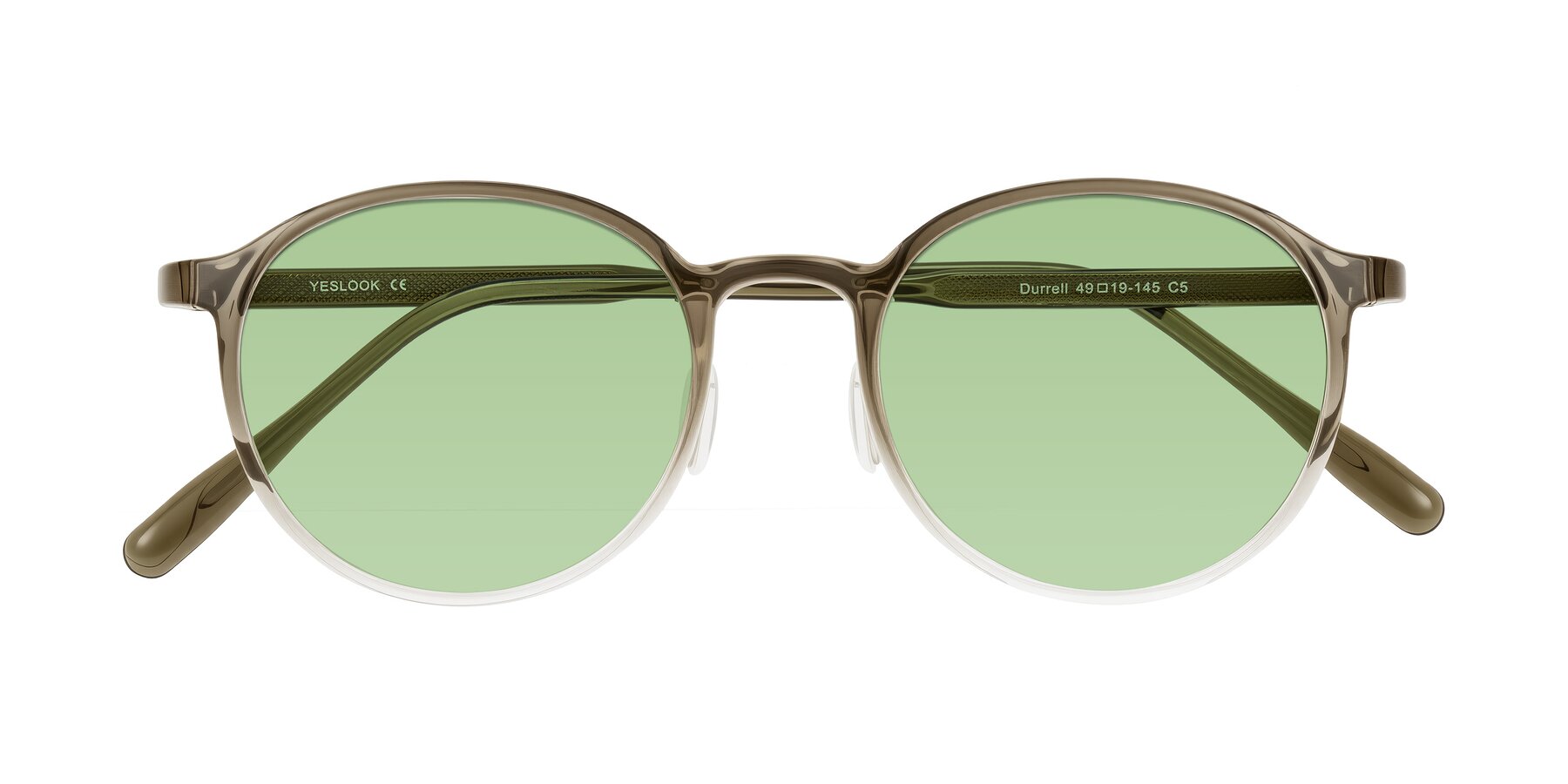 Folded Front of Durrell in Brown/Clear with Medium Green Tinted Lenses
