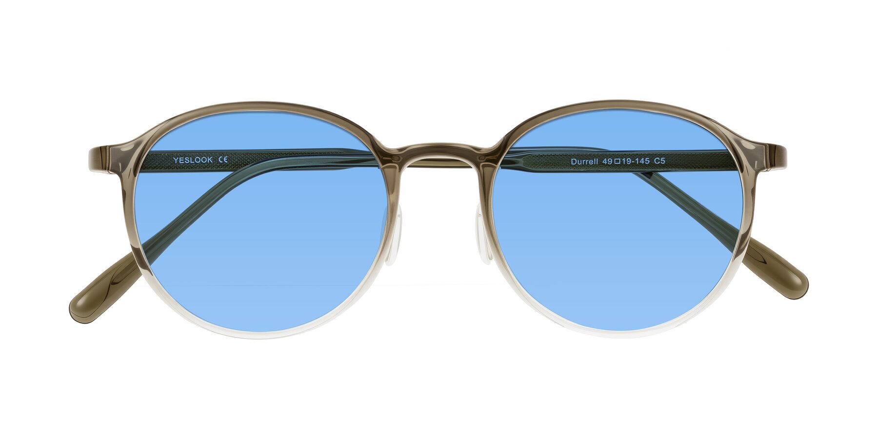 Folded Front of Durrell in Brown/Clear with Medium Blue Tinted Lenses