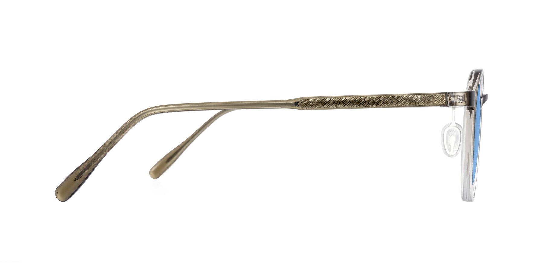 Side of Durrell in Brown/Clear with Medium Blue Tinted Lenses