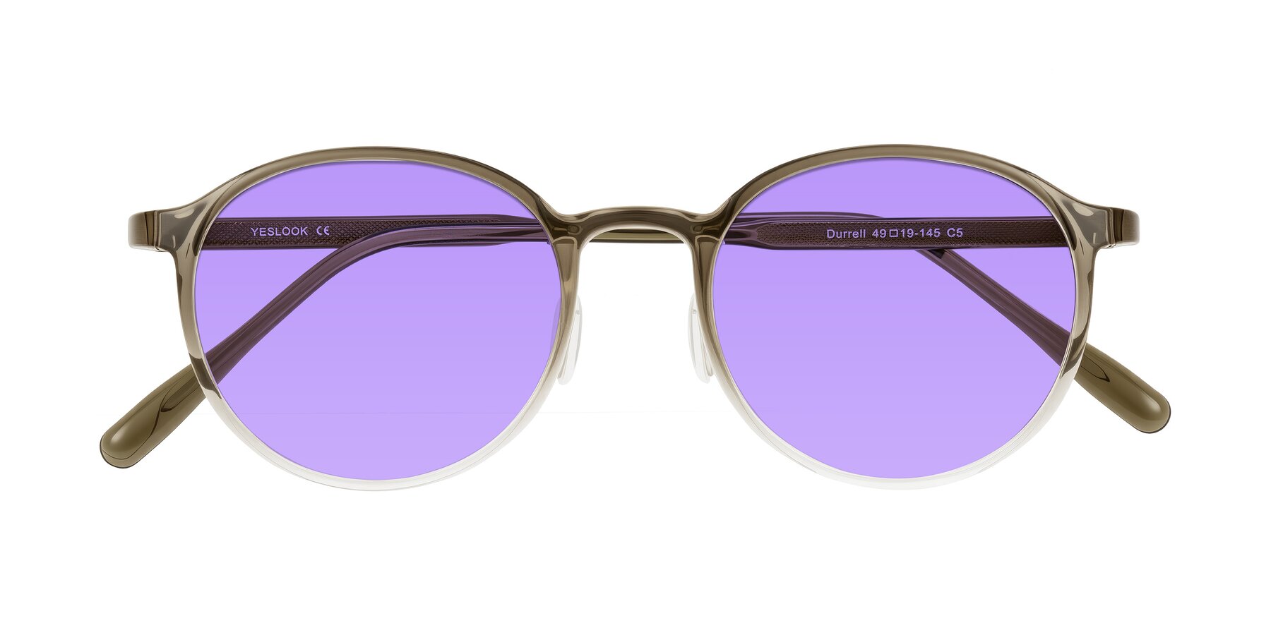 Folded Front of Durrell in Brown/Clear with Medium Purple Tinted Lenses