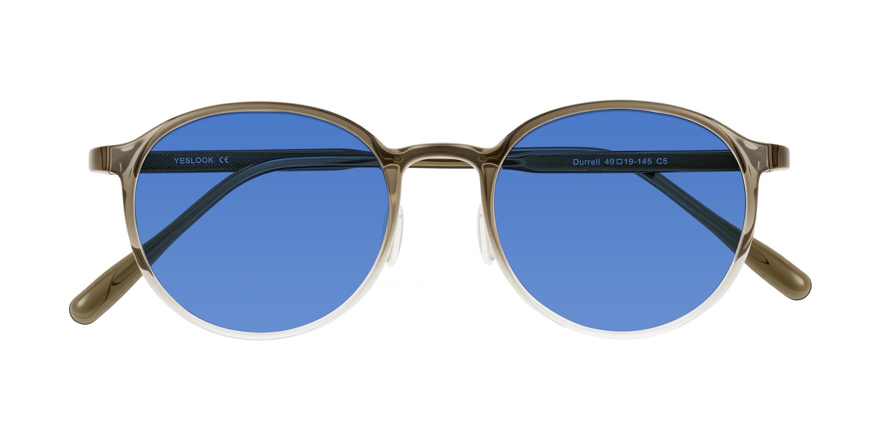 Folded Front of Durrell in Brown/Clear with Blue Tinted Lenses