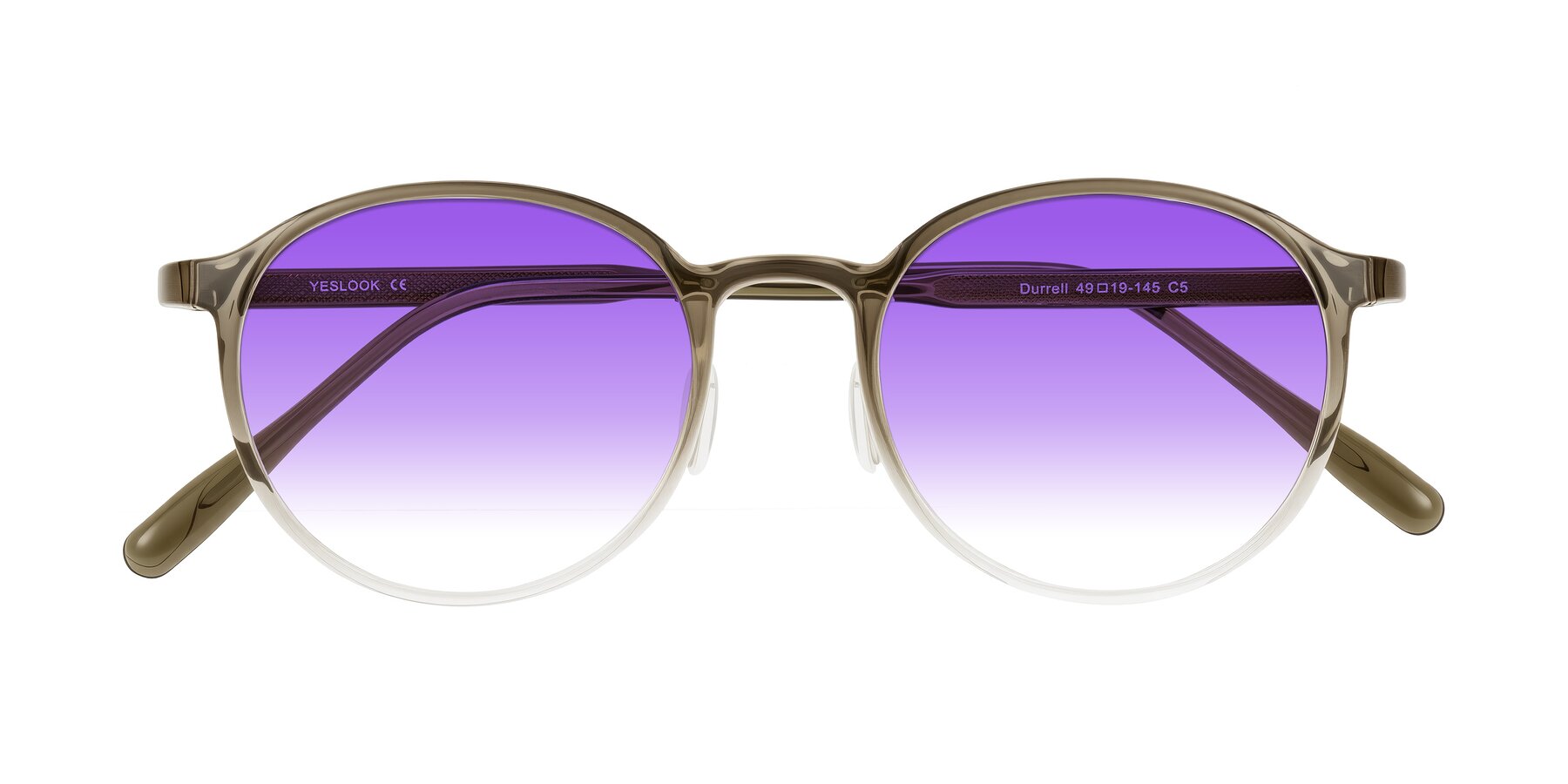 Folded Front of Durrell in Brown/Clear with Purple Gradient Lenses