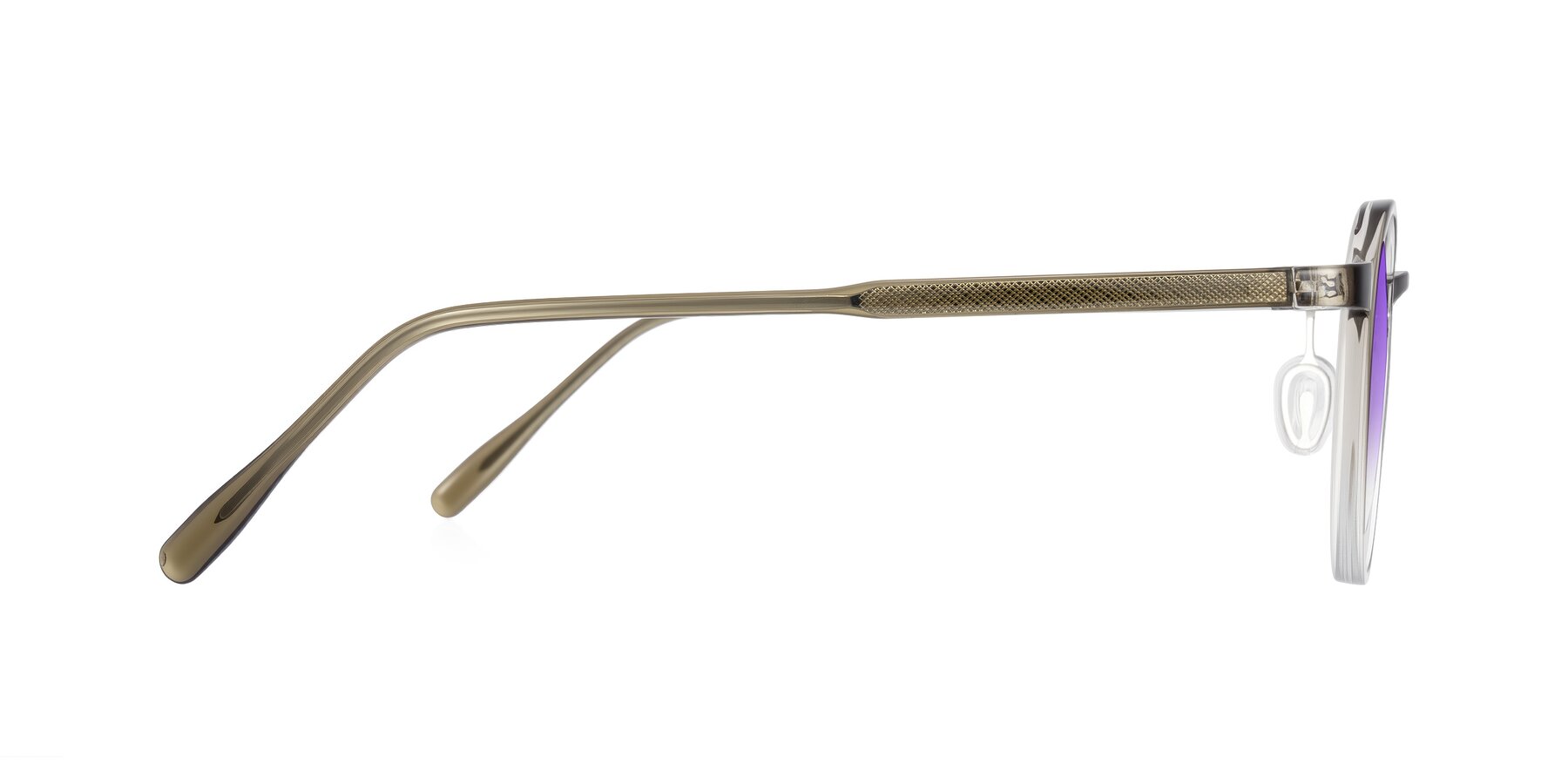 Side of Durrell in Brown/Clear with Purple Gradient Lenses