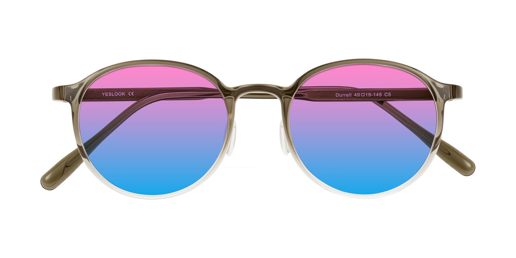 Folded Front of Durrell in Brown/Clear with Pink / Blue Gradient Lenses
