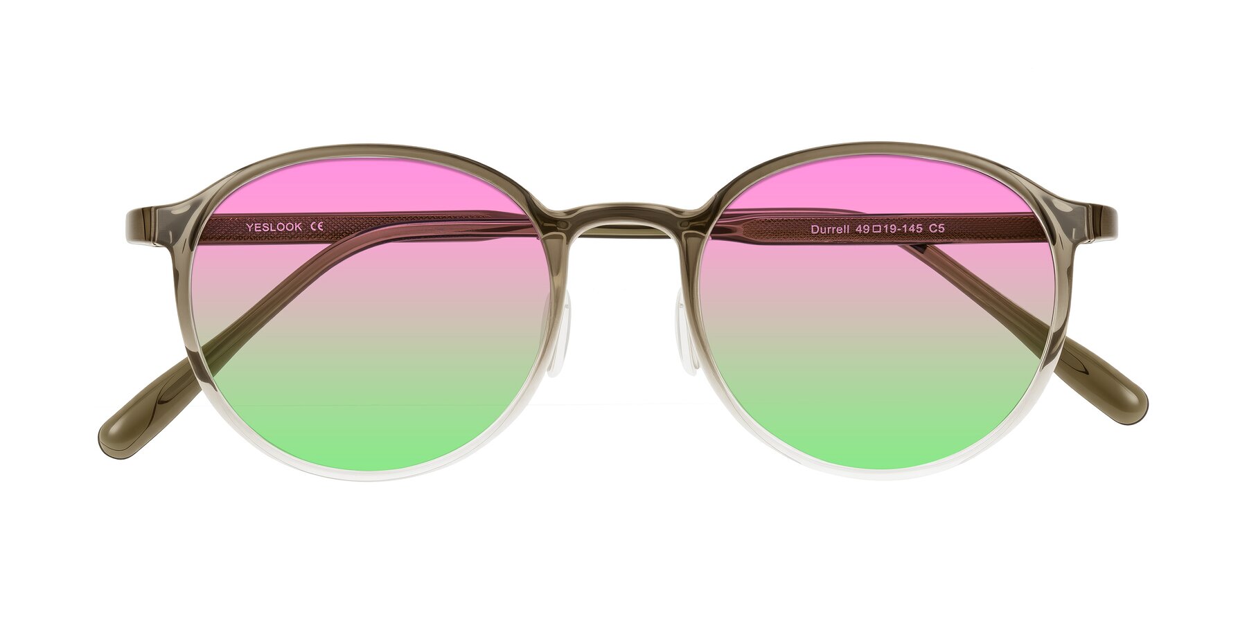 Folded Front of Durrell in Brown/Clear with Pink / Green Gradient Lenses