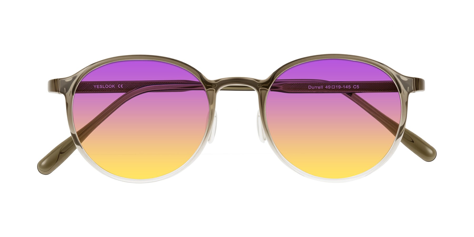 Folded Front of Durrell in Brown/Clear with Purple / Yellow Gradient Lenses