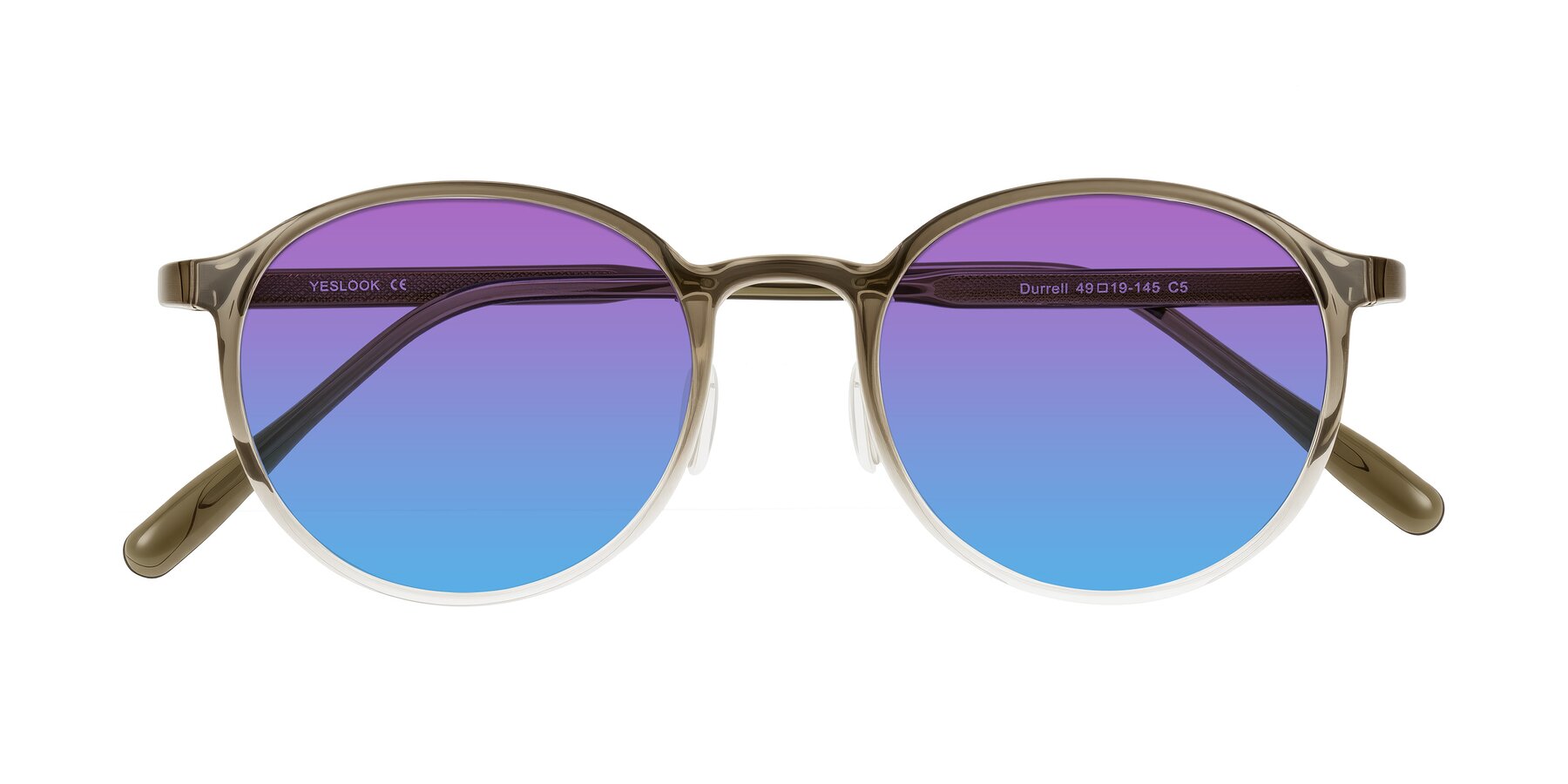 Folded Front of Durrell in Brown/Clear with Purple / Blue Gradient Lenses