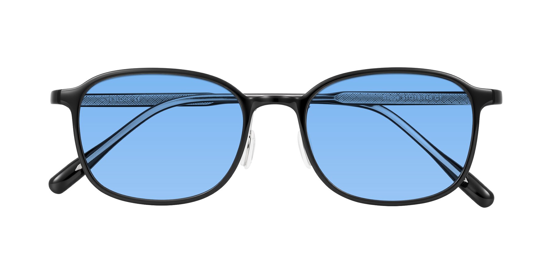 Folded Front of Sogge in Black with Medium Blue Tinted Lenses