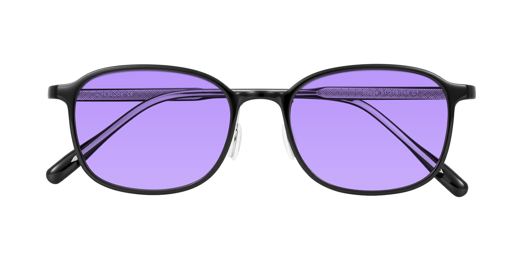 Folded Front of Sogge in Black with Medium Purple Tinted Lenses