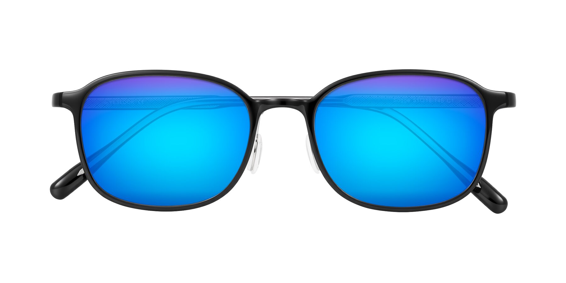 Folded Front of Sogge in Black with Blue Mirrored Lenses