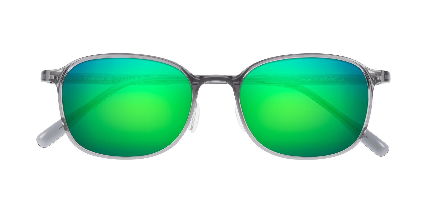 Folded Front of Sogge in Transparent Grayish Blue with Green Mirrored Lenses