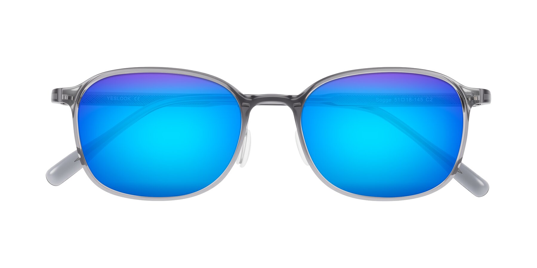 Folded Front of Sogge in Transparent Grayish Blue with Blue Mirrored Lenses