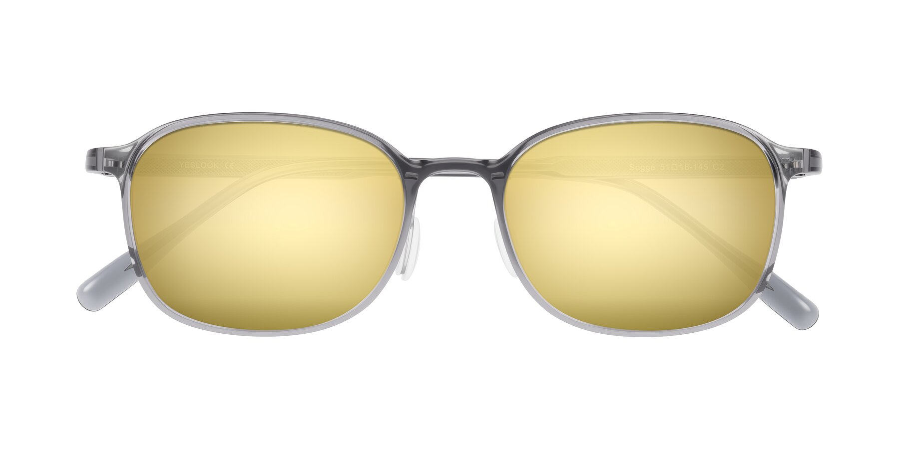 Folded Front of Sogge in Transparent Grayish Blue with Gold Mirrored Lenses