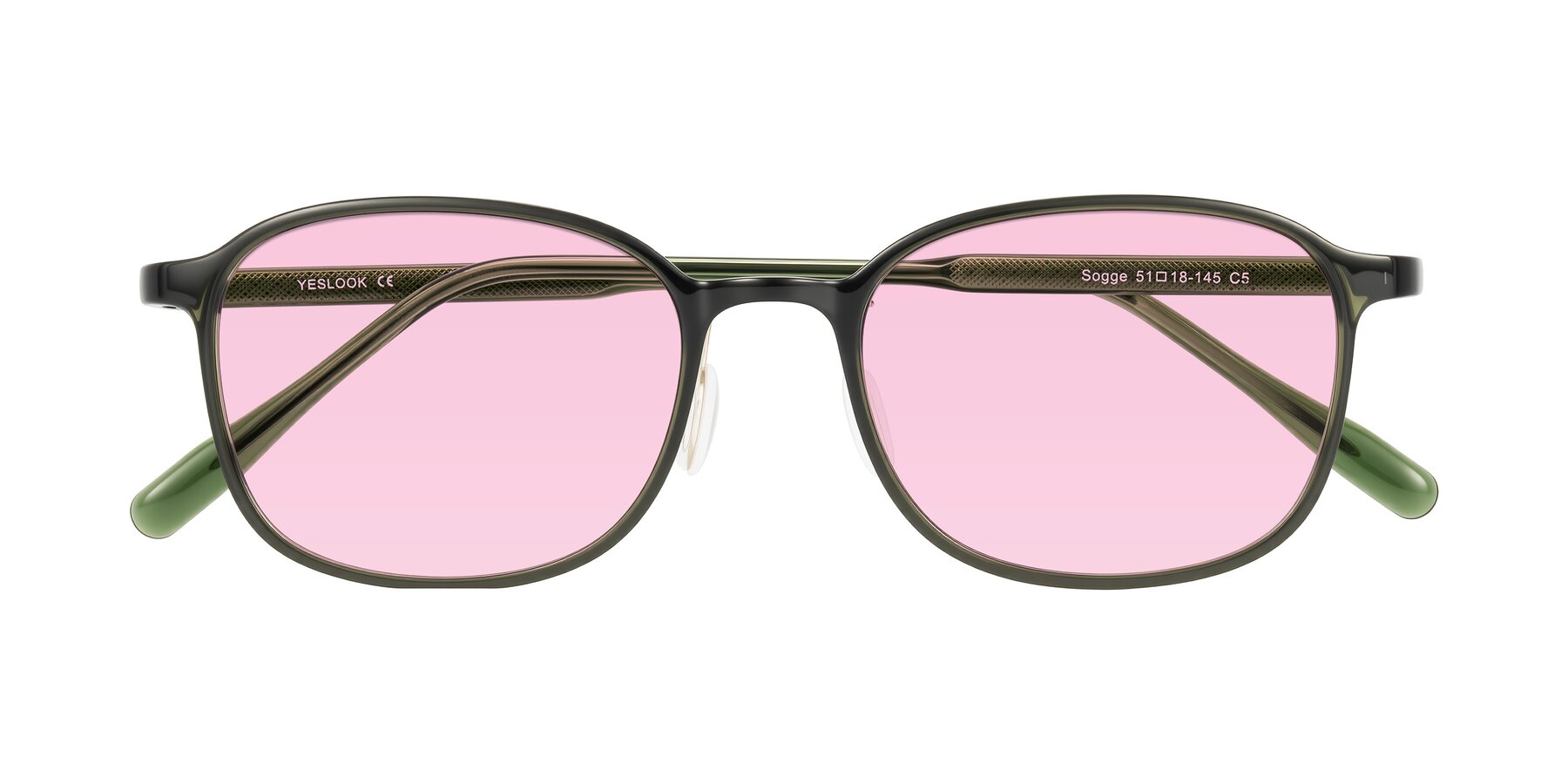 Folded Front of Sogge in Dark Green with Light Pink Tinted Lenses