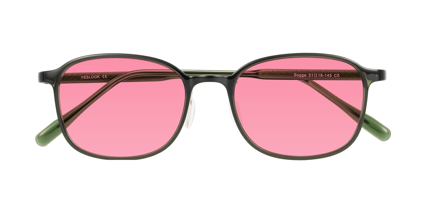Folded Front of Sogge in Dark Green with Pink Tinted Lenses