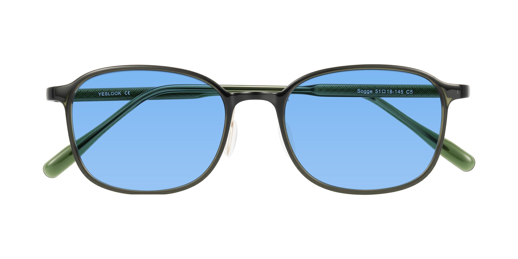 Folded Front of Sogge in Dark Green with Medium Blue Tinted Lenses