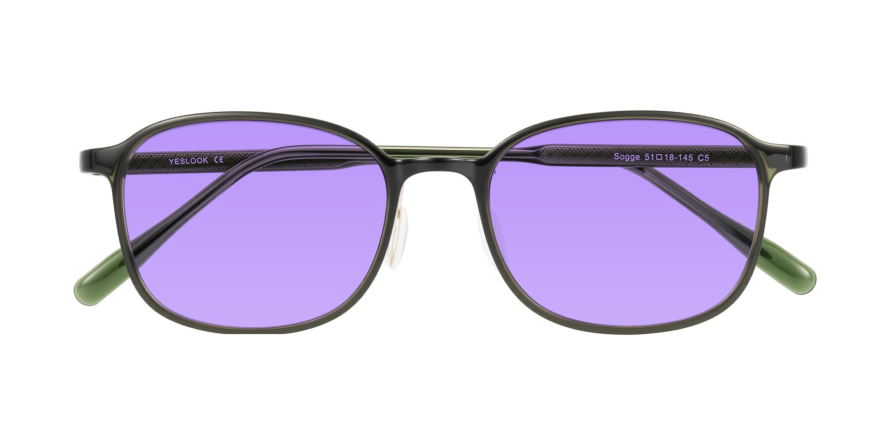 Folded Front of Sogge in Dark Green with Medium Purple Tinted Lenses
