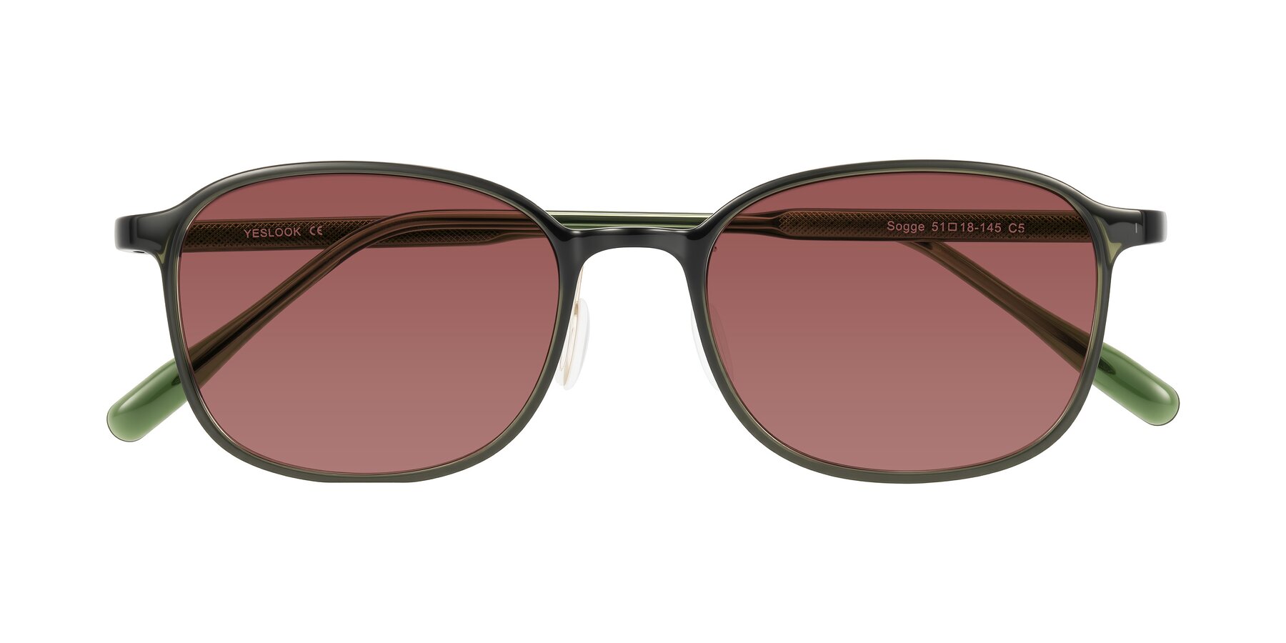 Folded Front of Sogge in Dark Green with Garnet Tinted Lenses