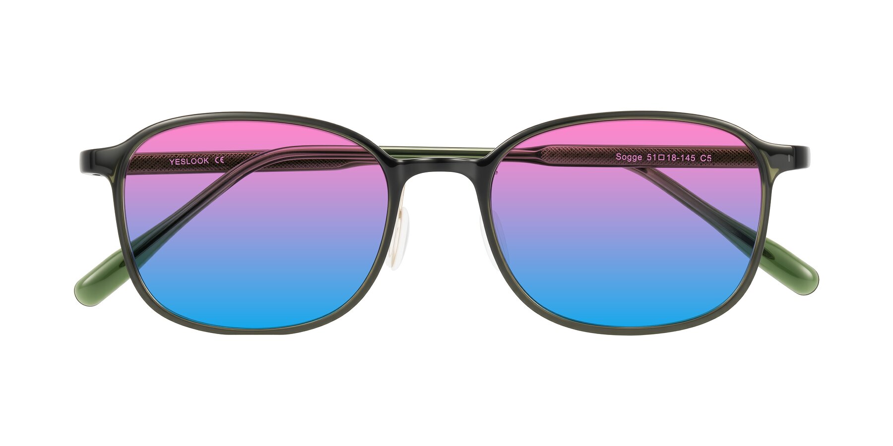 Folded Front of Sogge in Dark Green with Pink / Blue Gradient Lenses