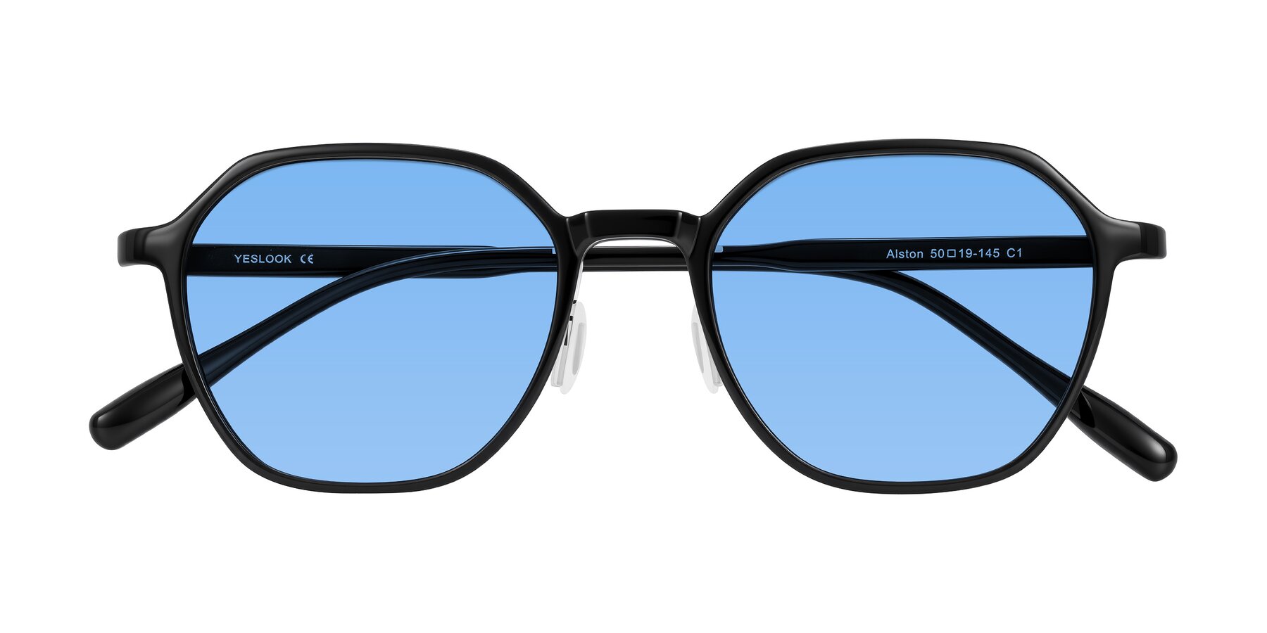 Folded Front of Alston in Black with Medium Blue Tinted Lenses