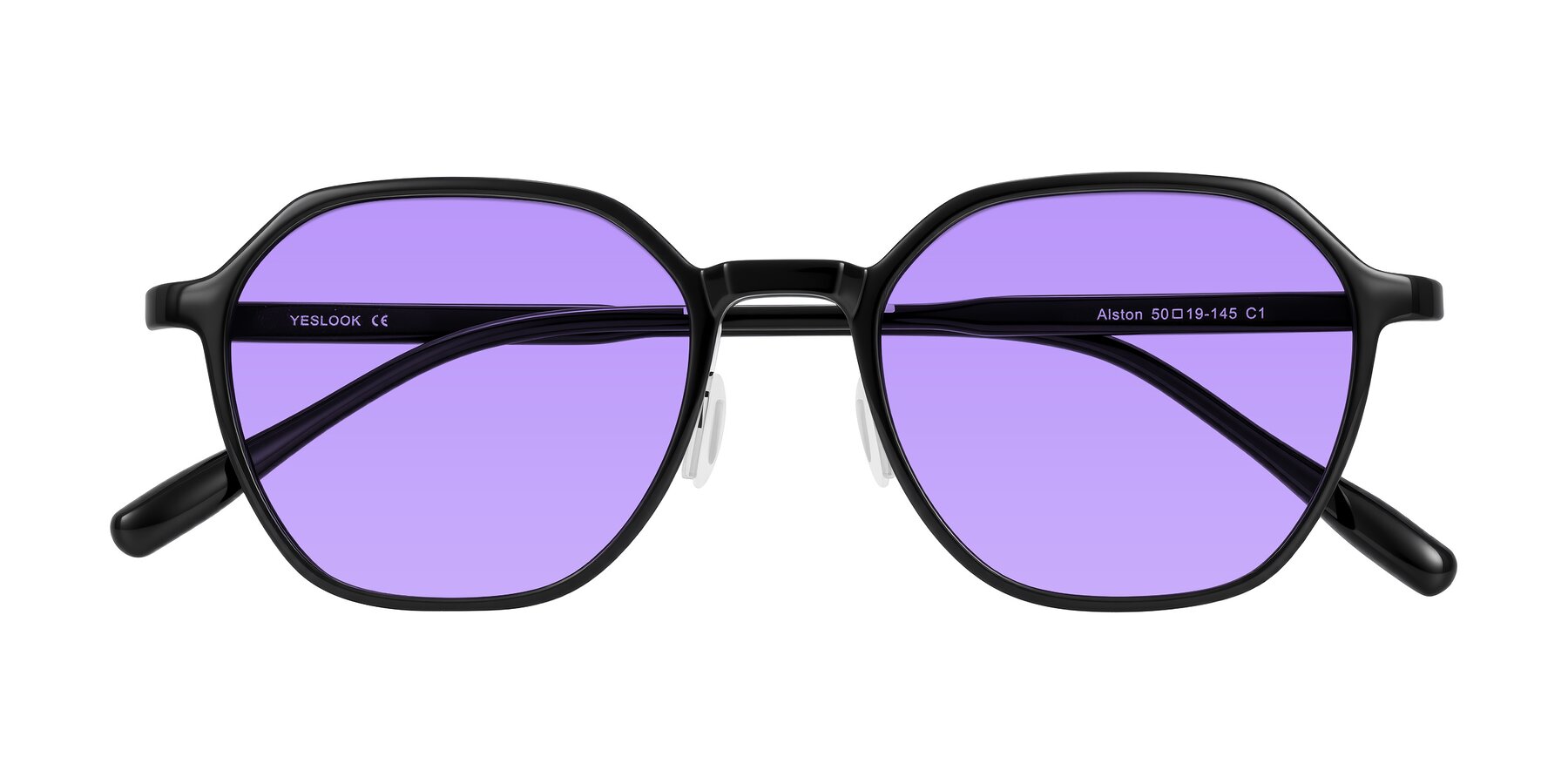 Folded Front of Alston in Black with Medium Purple Tinted Lenses