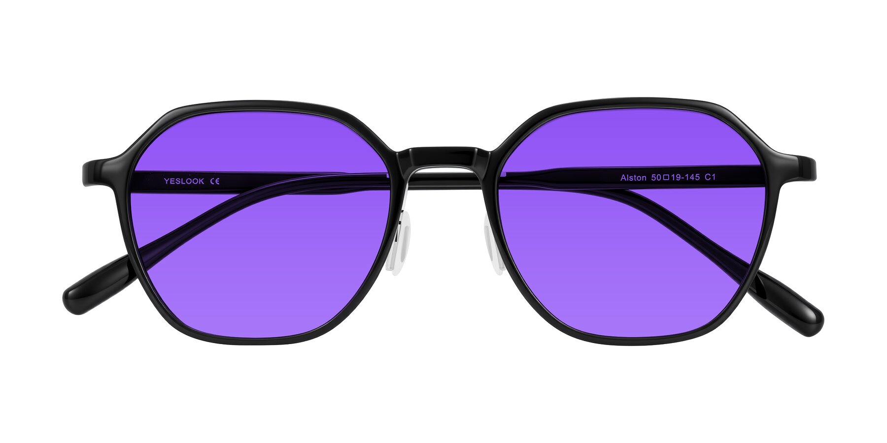 Folded Front of Alston in Black with Purple Tinted Lenses