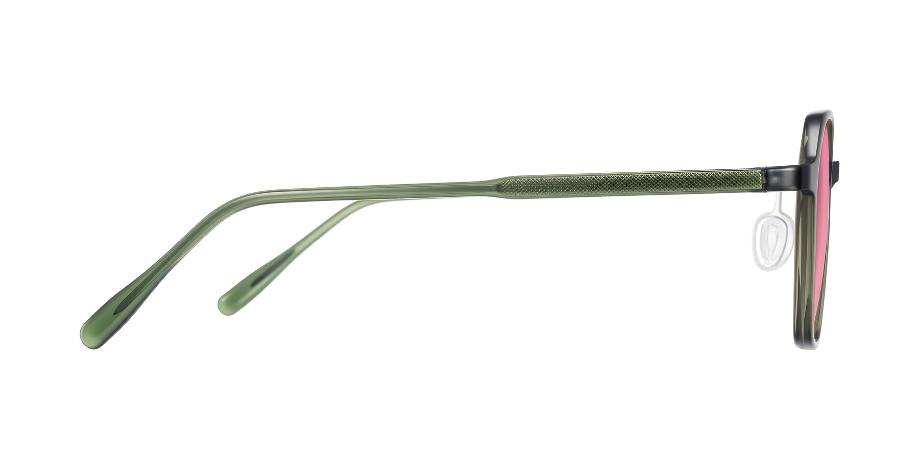 Side of Alston in Dark Green with Pink Tinted Lenses