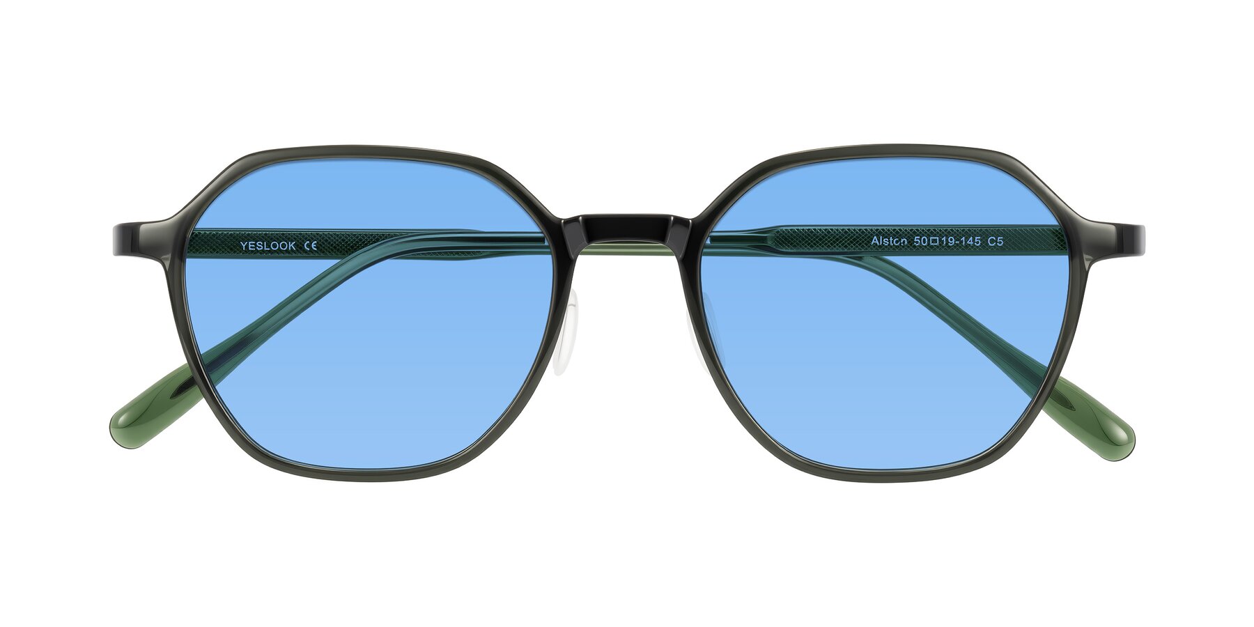 Folded Front of Alston in Dark Green with Medium Blue Tinted Lenses