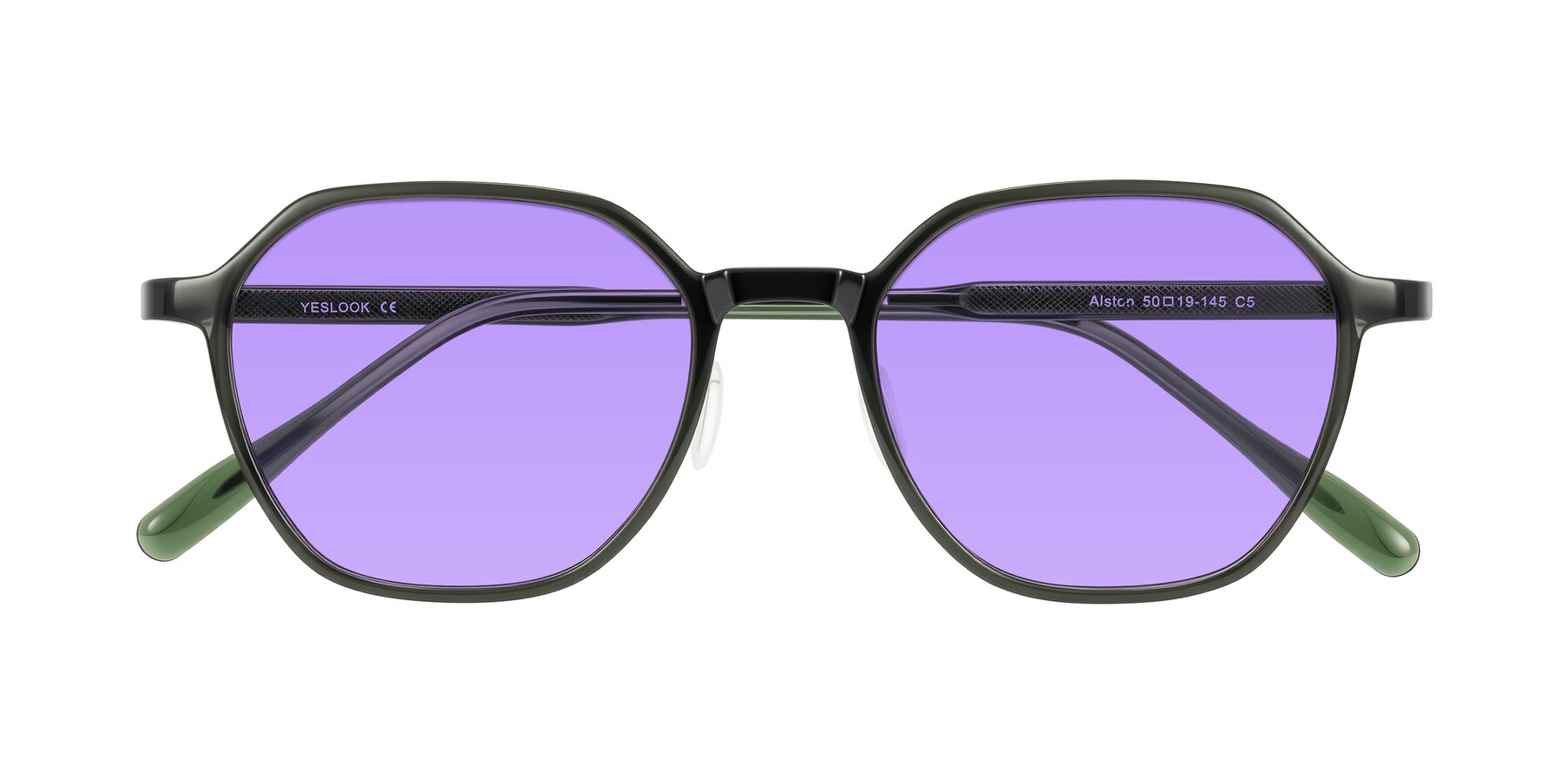 Folded Front of Alston in Dark Green with Medium Purple Tinted Lenses