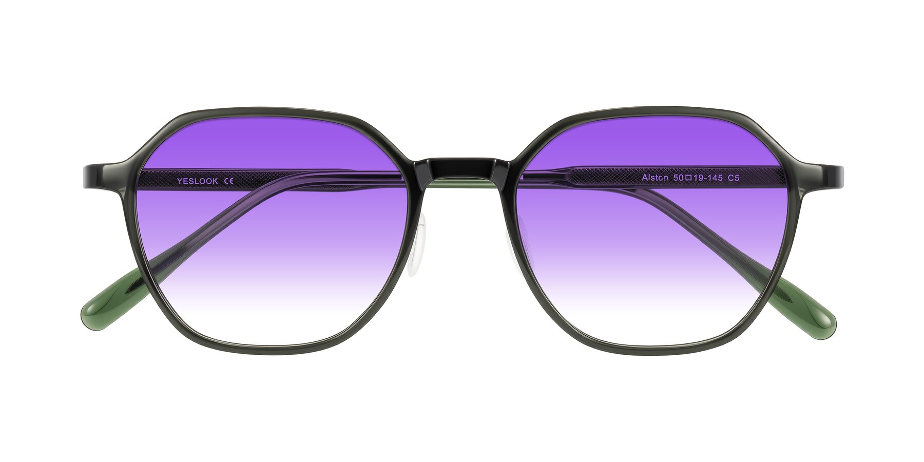 Folded Front of Alston in Dark Green with Purple Gradient Lenses